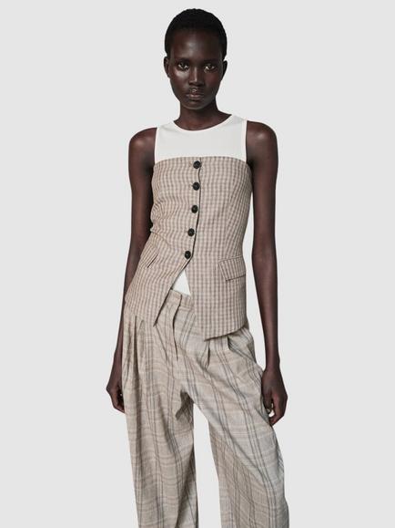 Mango Check Button Front Bandeau Top, Stone, Stone