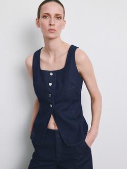 Mango Square Neck Button Front Denim Top, Blue, Blue