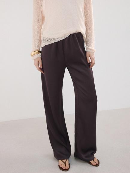 Mango Wide Leg Satin Trousers, Chocolate