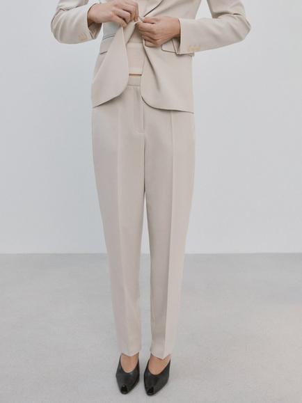Mango Mid Rise Straight Tailored Trousers, Stone, Stone