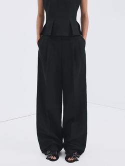 Mango Linen Rich Wide Leg Trousers, Navy, Navy