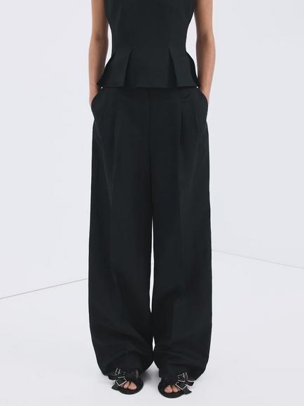 Mango Linen Rich Wide Leg Trousers, Navy, Navy