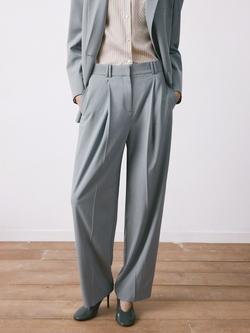 Mango High Rise Pleated Wide Leg Trousers, Blue, Blue