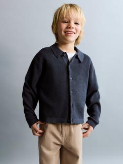 Mango Kids' Knitted Collared Cardigan, Navy, Navy