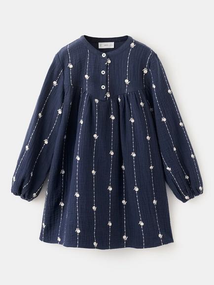 Mango Baby Floral Embroidered Cotton Tunic Dress, Navy, Navy