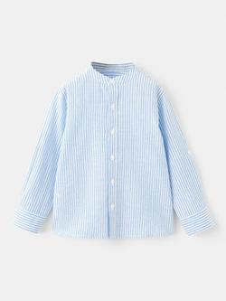 Mango Kids' Linen Blend Long Sleeve Stripe Shirt, Blue, Blue