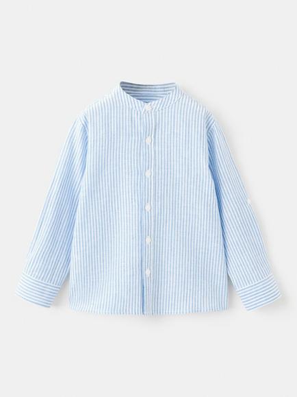 Mango Kids' Linen Blend Long Sleeve Stripe Shirt, Blue, Blue