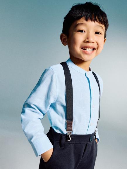 Mango Kids' Linen Blend Long Sleeve Shirt, Sky Blue, Sky Blue
