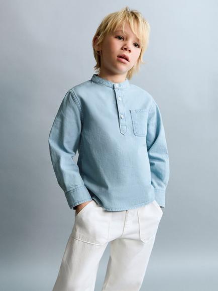 Mango Kids' Long Sleeve Cotton Shirt, Light Blue, Light Blue