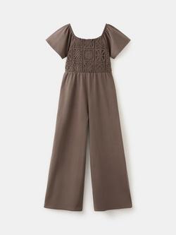 Mango Kids' Embroidered Wide Leg Jumpsuit, Brown, Brown