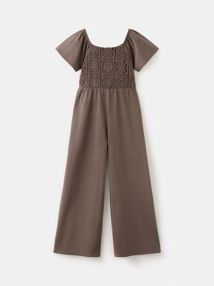 Mango Kids' Embroidered Wide Leg Jumpsuit, Brown, Brown