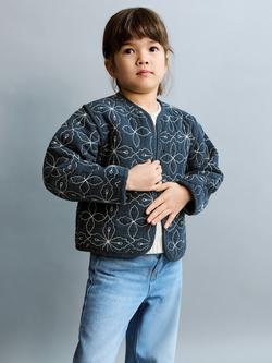 Mango Kids' Quilted Floral Embroidery Jacket, Navy, Navy