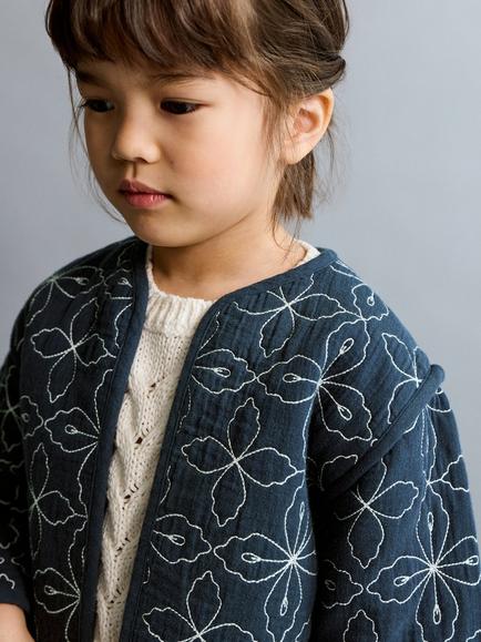 Mango Kids' Quilted Floral Embroidery Jacket, Navy - view 2, Navy