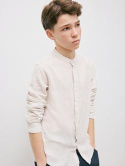 Mango Kids' Striped Linen Rich Mandarin Collar Shirt, Sand, Sand