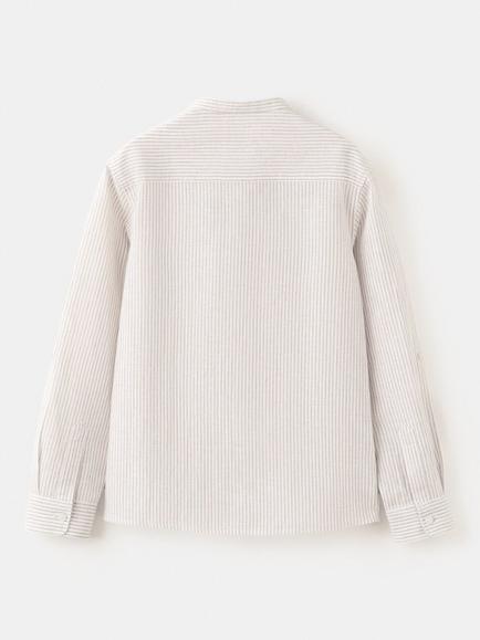 Mango Kids' Striped Linen Rich Mandarin Collar Shirt, Sand - view 2, Sand