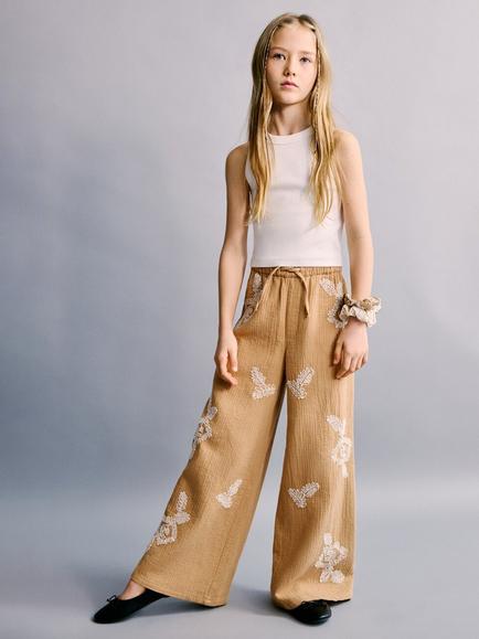Mango Kids' Embroidered Drawstring Trousers, Mustard, Mustard