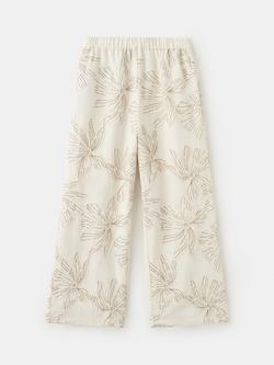Mango Kids' Cotton Embroidered Floral Wide Leg Trousers, Beige, Beige