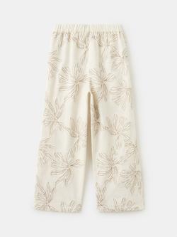 Mango Kids' Cotton Embroidered Floral Wide Leg Trousers, Beige - view 2, Beige