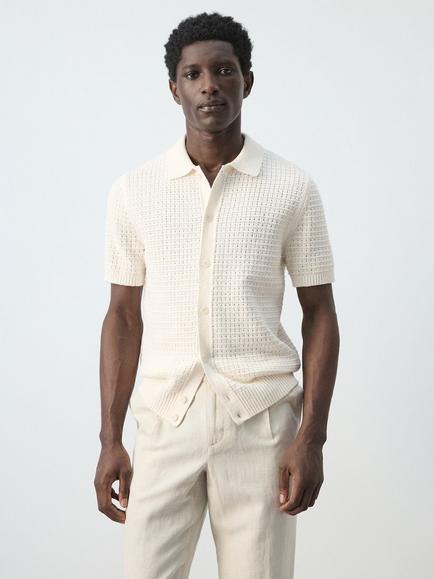 Mango Textured Polo Shirt, Cream, Cream