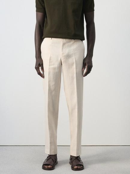 Mango Pantalon Linen Slim Fit Tailored Trousers, Raw, Raw