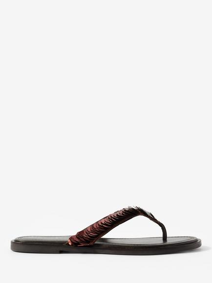 Mint Velvet Freya Pearl Detail Flip Flops, Brown, Brown