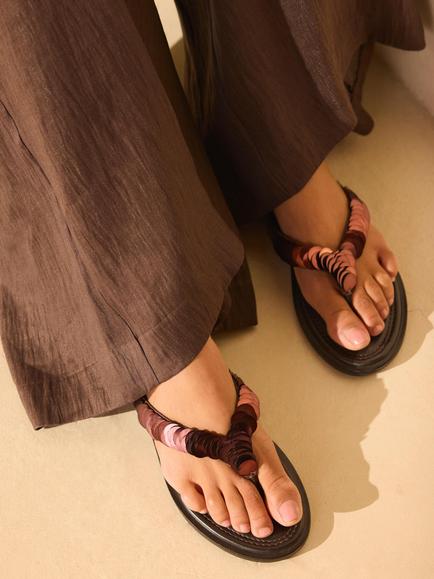Mint Velvet Freya Pearl Detail Flip Flops, Brown - view 2, Brown