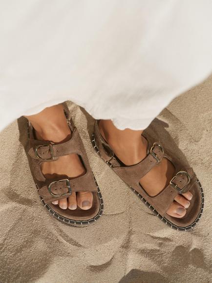 Mint Velvet Aria Suede Double Buckle Footbed Sandals, Natural Taupe - view 2, Natural Taupe