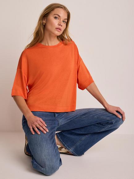 Mint Velvet Crew Neck Boxy T-Shirt, White Ivory, Orange