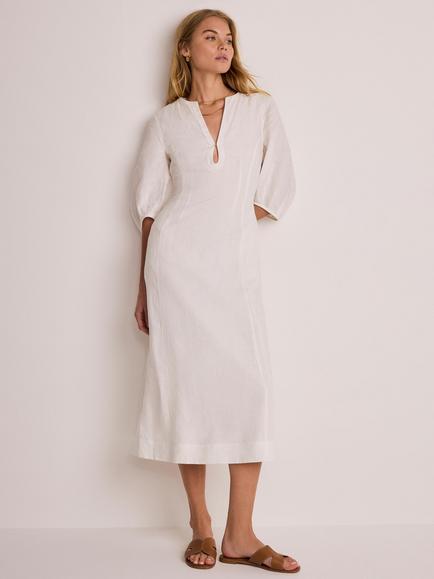 Mint Velvet Keyhole Midi Linen Dress, Ivory - view 2, Ivory