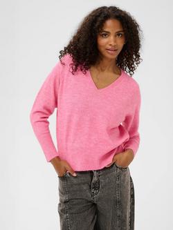 KAFFE Niel Medium Knit V-Neck Jumper, Pink Power Melange, Pink Power Melange