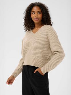 KAFFE Lianne Relaxed Fit V-Neck Jumper, Grey Melange, Feather Gray Melange