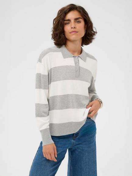 KAFFE Lizza Striped Polo Neck Jumper, Light Grey/Chalk, Light Grey/Chalk