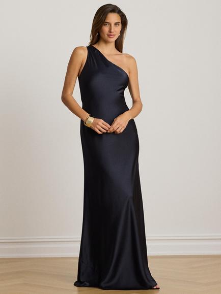 Lauren Ralph Lauren One Shoulder Sateen Maxi Dress, Lauren Navy, Lauren Navy