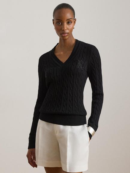 Lauren Ralph Lauren Cable Knit V-Neck Jumper, Black, Black