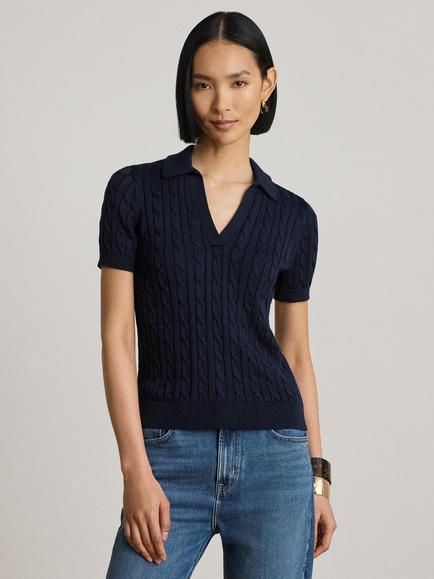 Lauren Ralph Lauren Short Sleeve Open Collar Cable Knit Cotton Blend Jumper, Lauren Navy