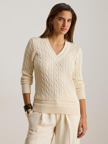 Lauren Ralph Lauren Cable Knit V-Neck Jumper, Mascarpone Cream, Mascarpone Cream