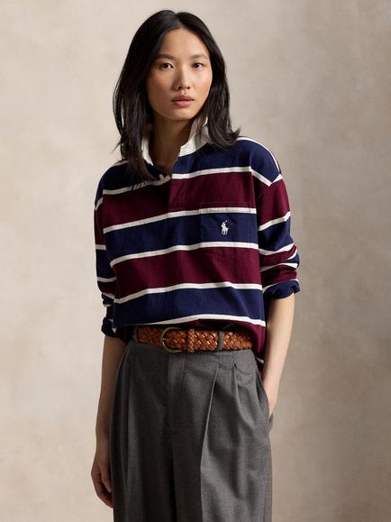 Polo Ralph Lauren Striped Cotton Rugby Shirt, Harvard Wine/Multi, Harvard Wine Multi