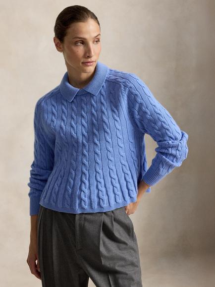 Polo Ralph Lauren Wool Blend Cable Knit Polo Jumper, Blue, Blue