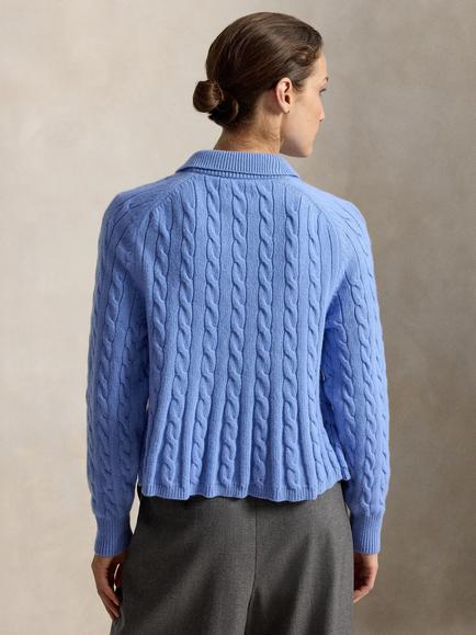 Polo Ralph Lauren Wool Blend Cable Knit Polo Jumper, Blue - view 2, Blue