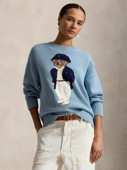 Polo Ralph Lauren Oversized Fit Polo Bear Cotton Knit Jumper, Blue Note, Blue Note