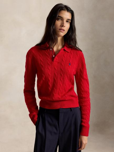 Polo Ralph Lauren Wool Blend Cable Knit Polo Jumper, Flanders Red Heather, Flanders Red Heather
