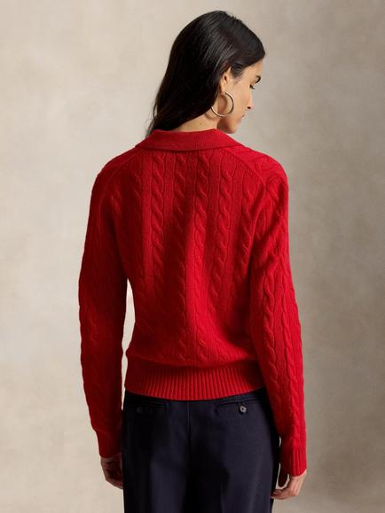 Polo Ralph Lauren Wool Blend Cable Knit Polo Jumper, Flanders Red Heather - view 2, Flanders Red Heather