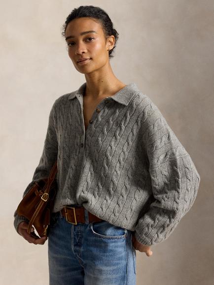 Polo Ralph Lauren Cable Knit Polo Collar Jumper, Outpost Gray Heather, Outpost Gray Hthr