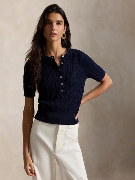 Polo Ralph Lauren Henley Short Sleeve Cable Knit Jumper, Hunter Navy, Hunter Navy