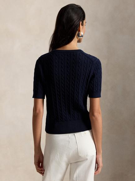 Polo Ralph Lauren Henley Short Sleeve Cable Knit Jumper, Hunter Navy - view 2, Hunter Navy