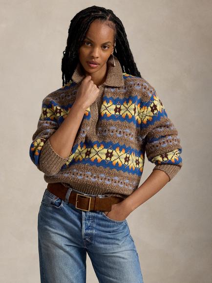 Polo Ralph Lauren Fair Isle Wool Blend Polo Jumper, Tan/Multi, Tan Multi