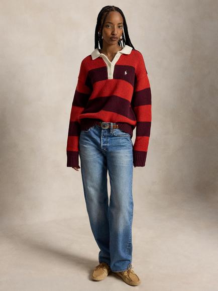 Polo Ralph Lauren Striped Wool Blend Rugby Jumper, Harvard Wine/Brandy Heather, Harvard Wine Brandy Heather