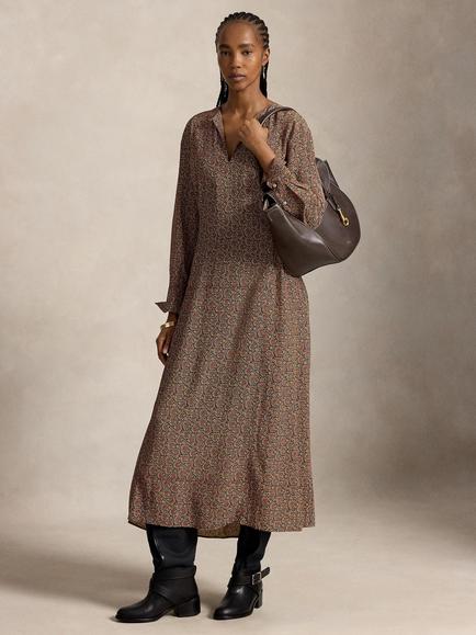 Polo Ralph Lauren Floral Print V-Neck Midi Dress, Daisy Brown/Pink/Multi, Daisy Brown-pink Multi