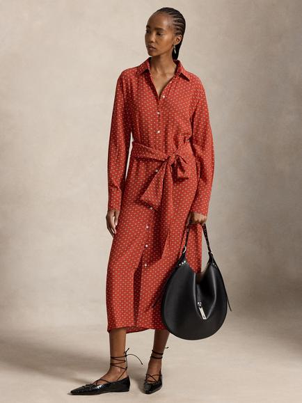 Polo Ralph Lauren Twist Back Tie Belt Midi Shirt Dress, Red/Cream/Multi, Red Cream Multi