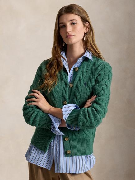 Polo Ralph Lauren Cable Knit Cardigan, Clover Green Heat, Clover Green Heat